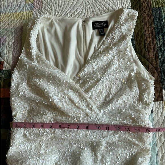 Hailey Adrianna Papell Fully Sequined White Asymmetrical Front Wrap Gown Size 12 - Picture 11 of 13